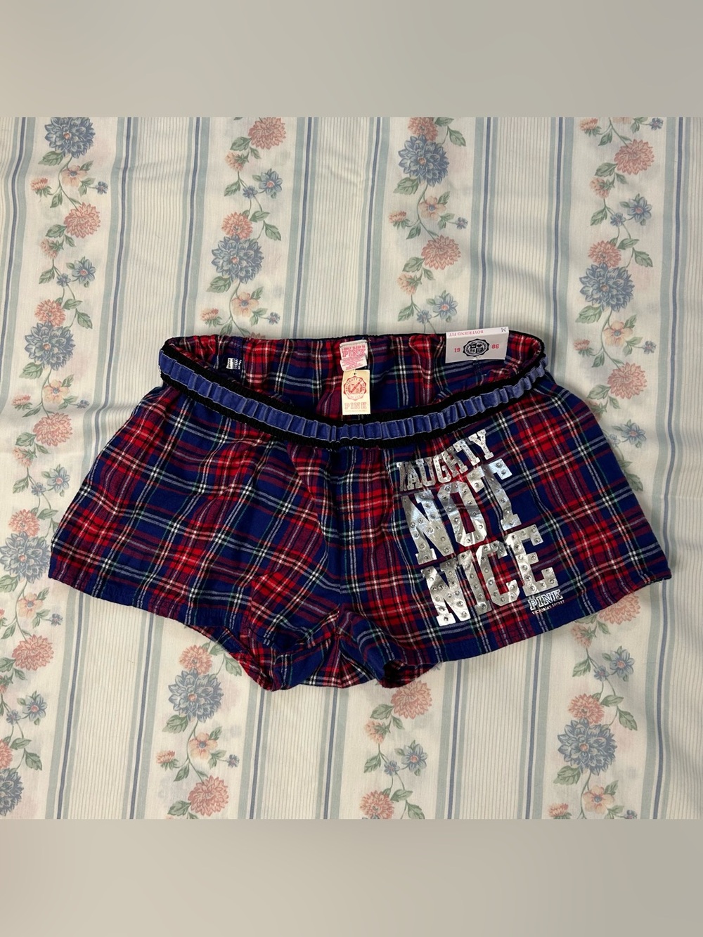 Y2K Preppy Red + Blue Plaid Mini Pajama Shorts w Bling by Victoria’s Secret PINK
